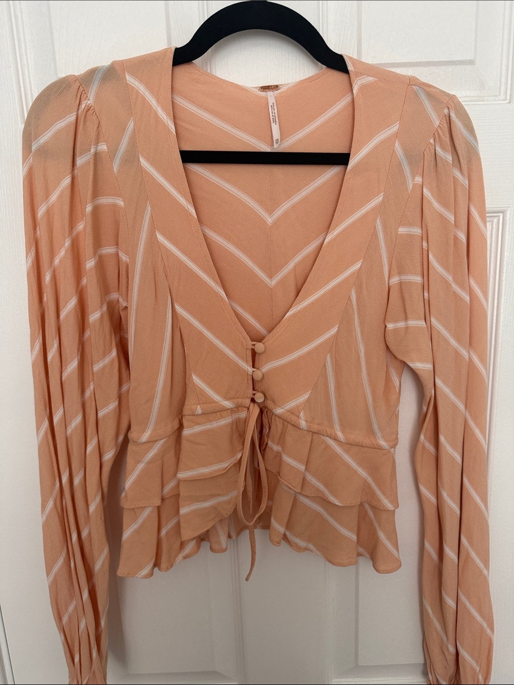Free People Peach Striped V-Neck Tie-Front Blouse